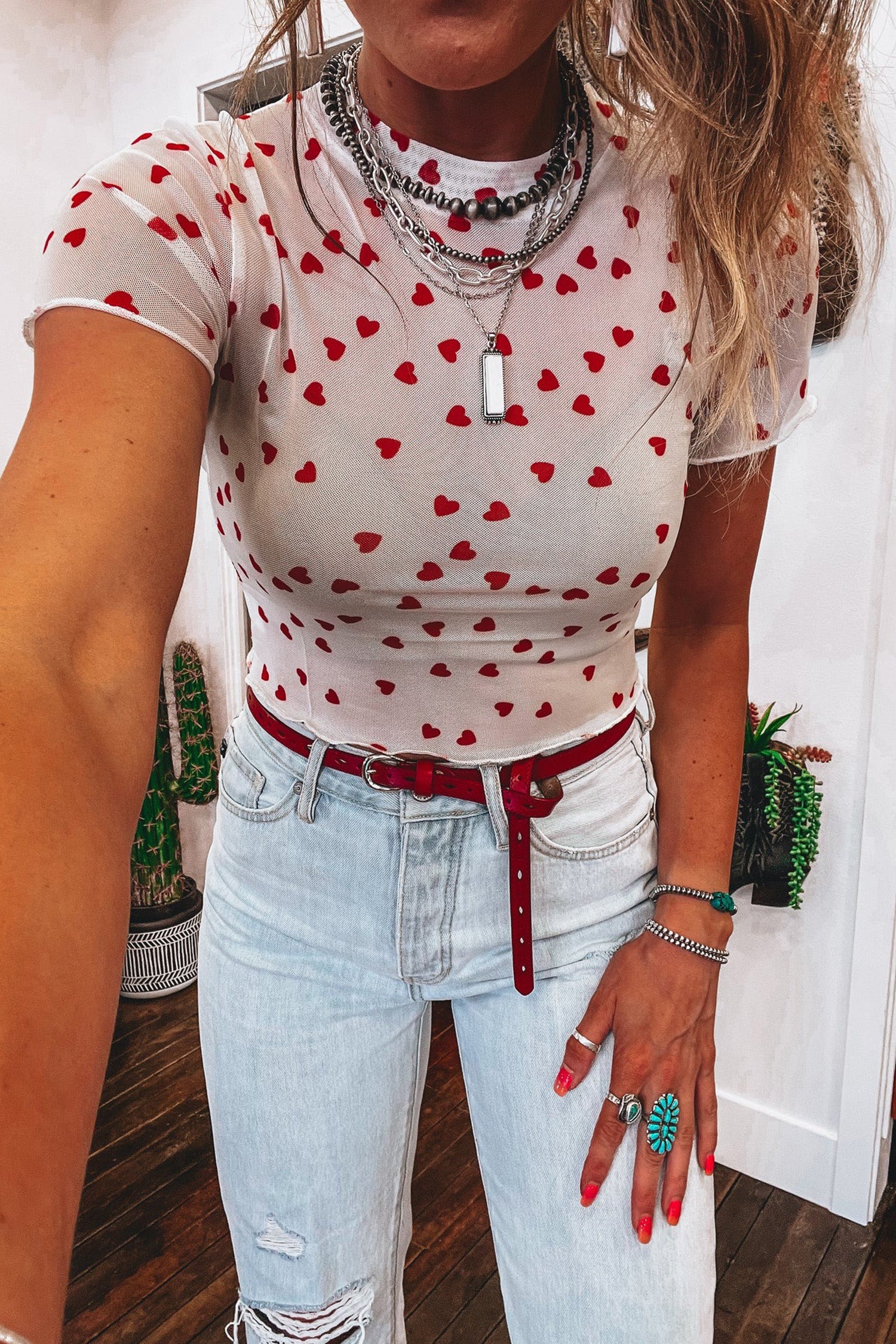 Heart Print Mesh Short Sleeve Cropped Top - Tops/Tops & Tees