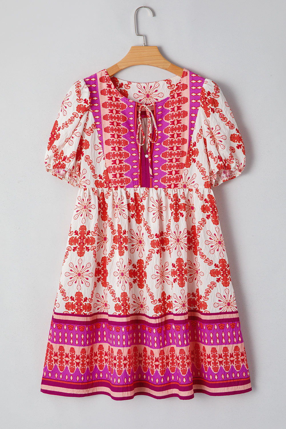 Rose Boho Floral Short Sleeve Lace-up V Neck Mini Dress eAura