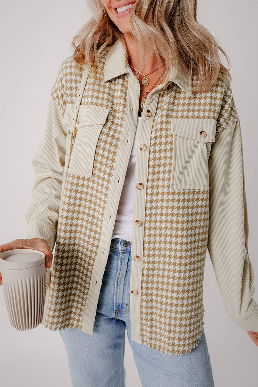 Parchment Houndstooth Corduroy Patchwork Flap Pocket Shacket Beagle Boutique Fashion Outlet