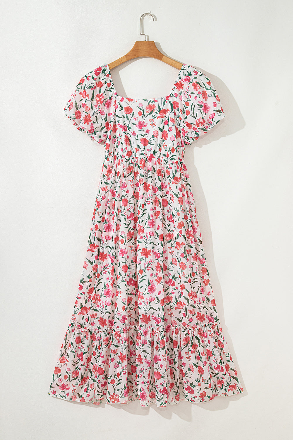 Pink Floral Puff Sleeve Square Neck Empire Waist Tiered Maxi Dress eAura