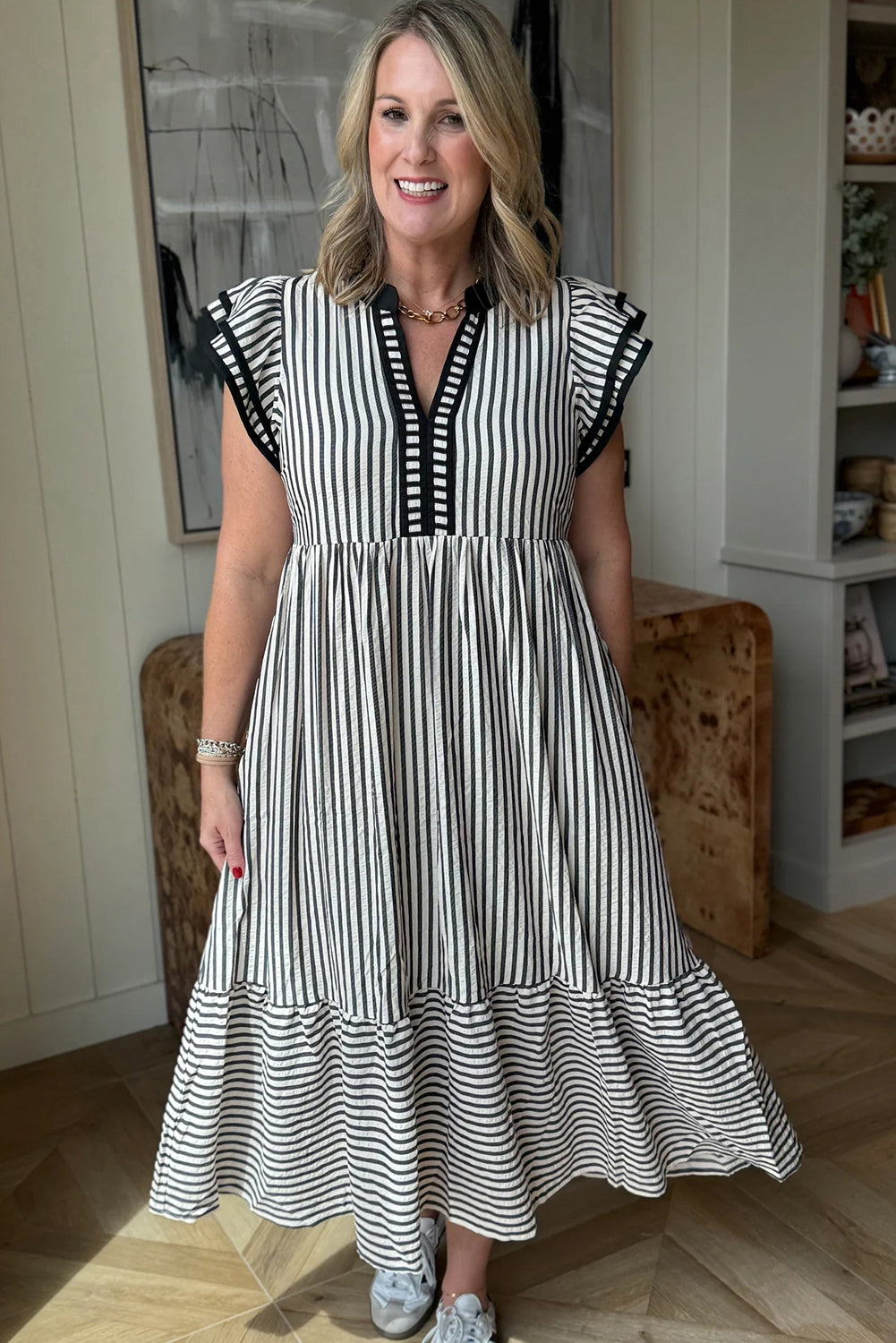 Striped Double Ruffled Short Sleeve Contrast Trim V-Neck Midi Dress