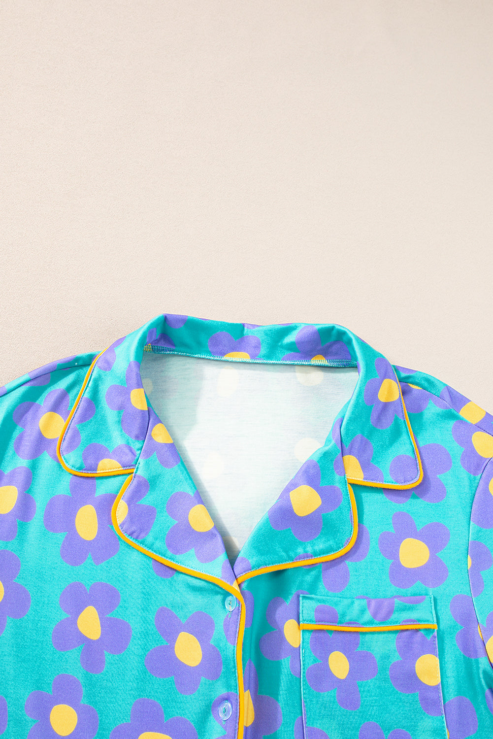 Green Flower Print Short Sleeve Shirt Pyjamas Set eAura