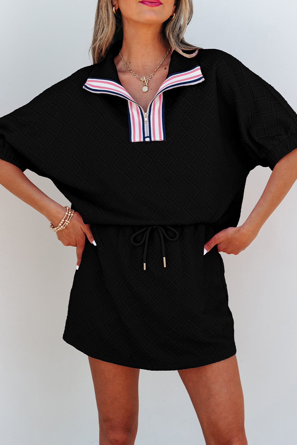 Black Striped Collared Zip up Textured Skirt Co-ord Set eAura