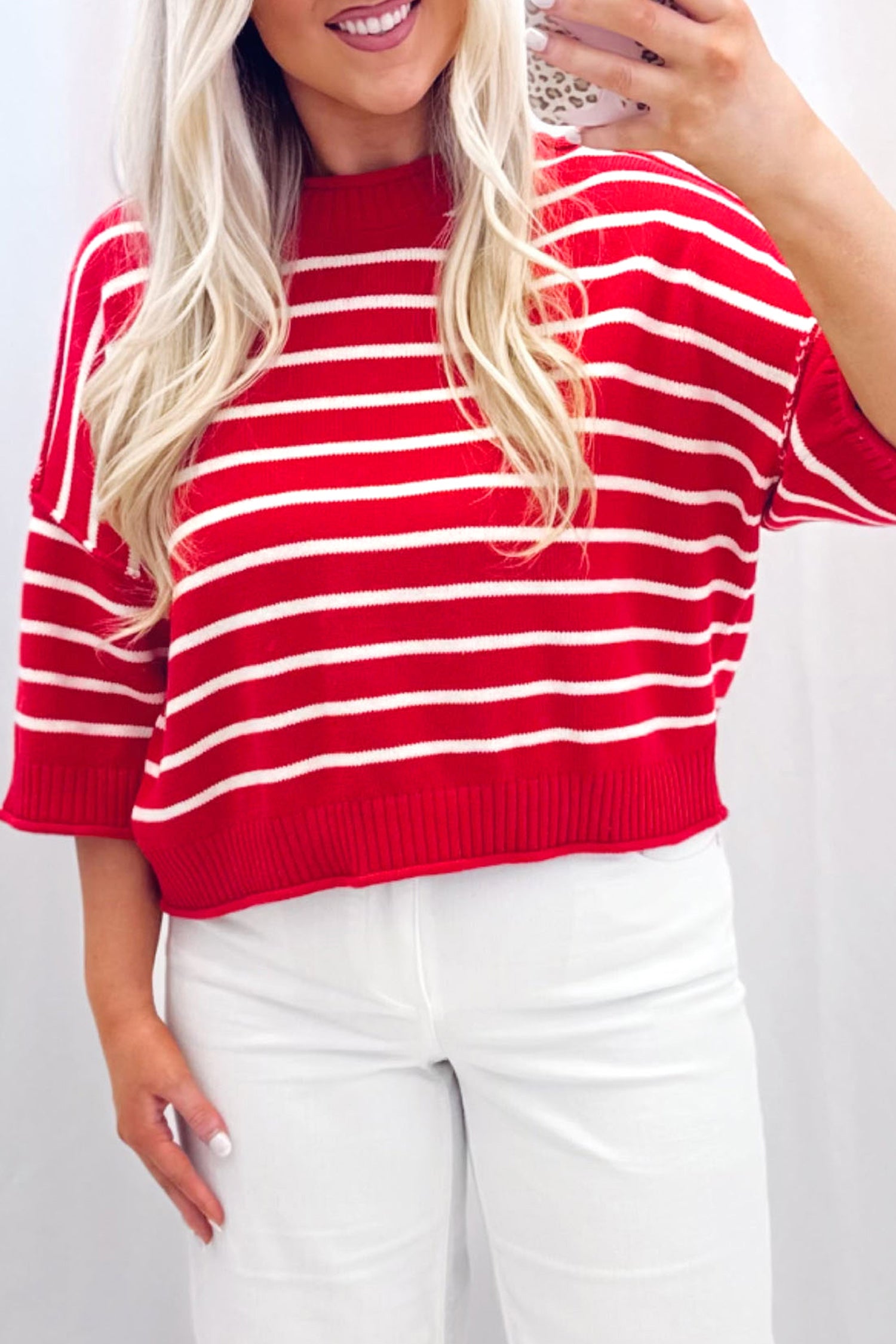 Dropped Shoulder Half Sleeve Relaxed Knit Sweater – Red Stripe