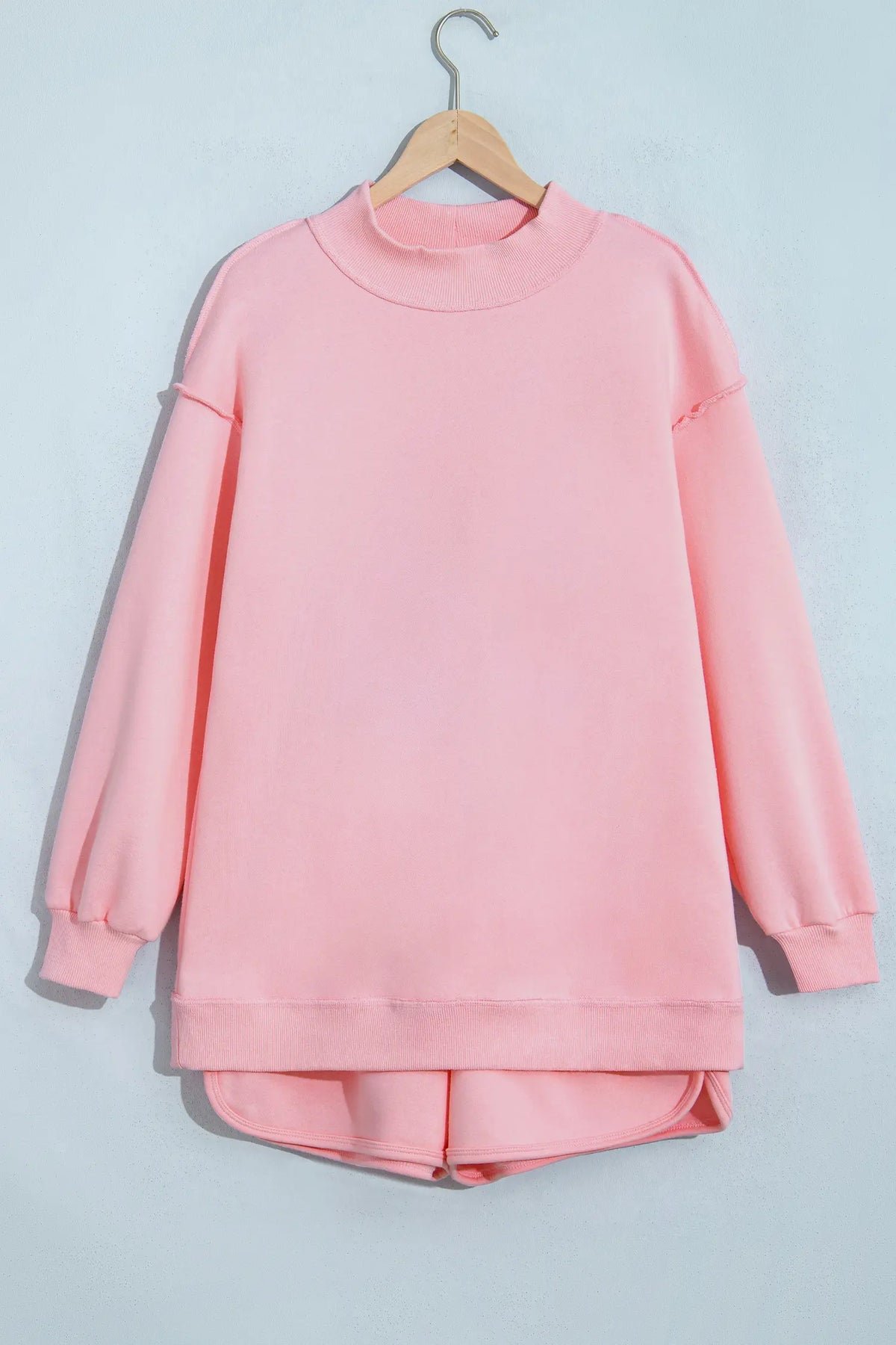 Light Pink High Neck Exposed Seam Drop Shoulder Baggy Pullover Short Set
