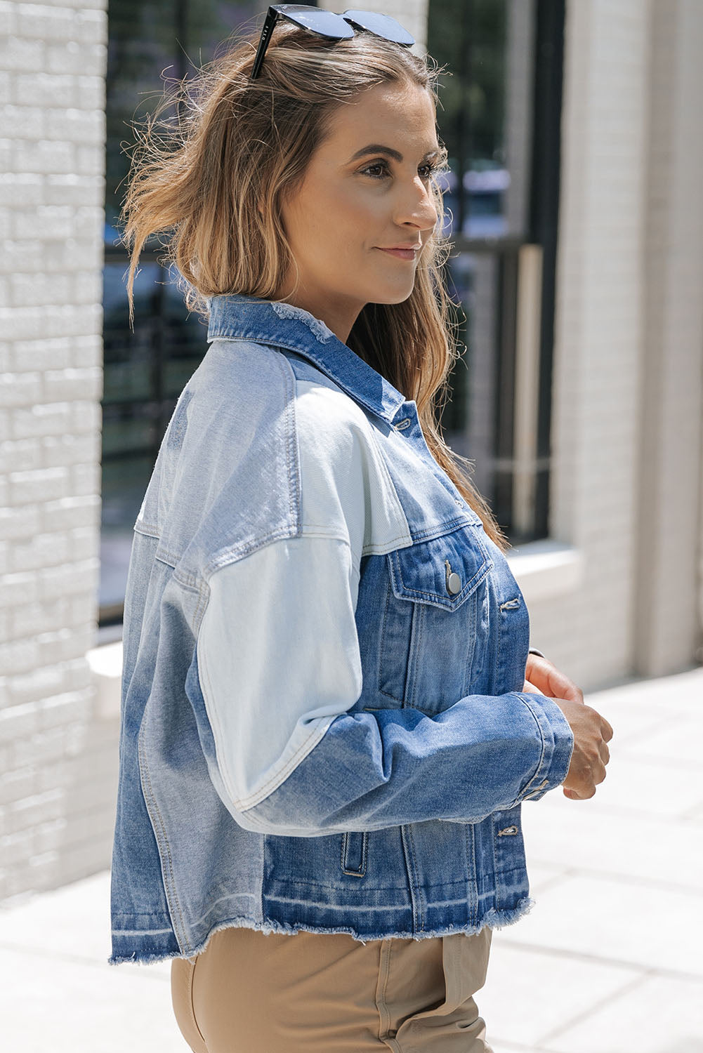 Sky Blue Colour Block Denim Patchwork Frayed Hem Jacket Beagle Boutique Fashion Outlet
