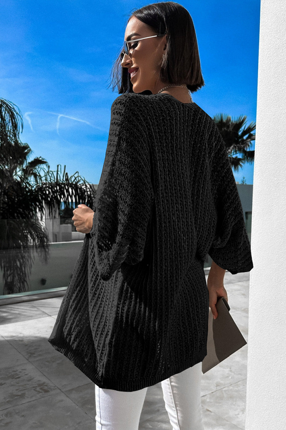 Black Hollow-out Bracelet Sleeve Knit Cardigan eAura