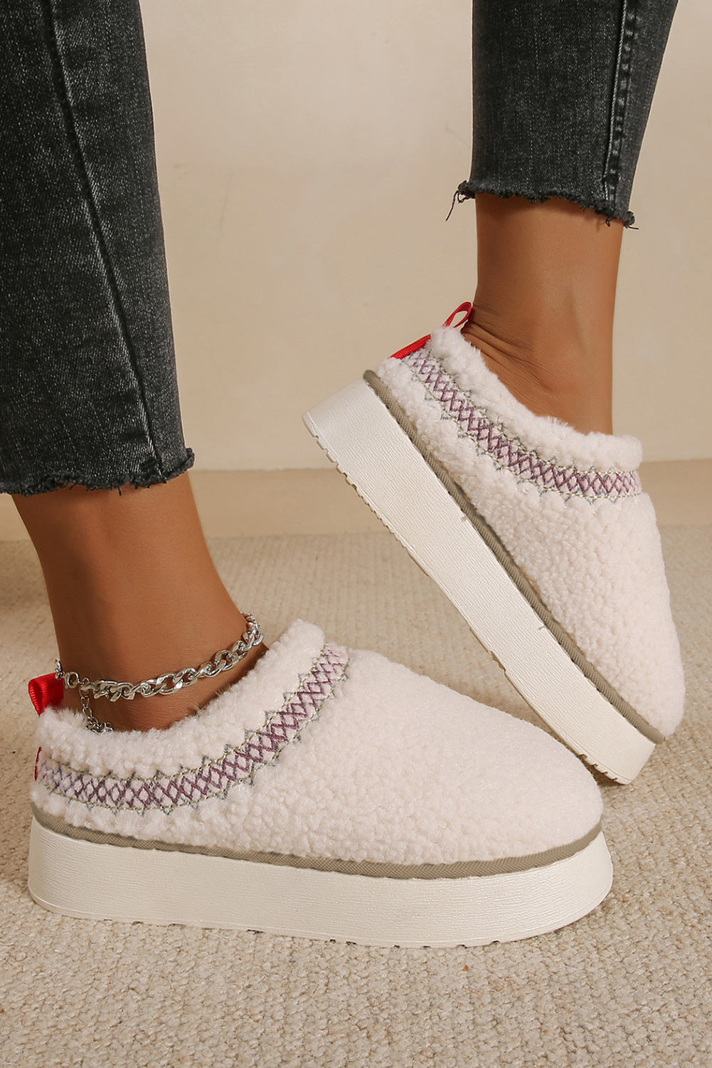White Embroidered Sherpa Plush Thick Sole Winter Slippers - eAura