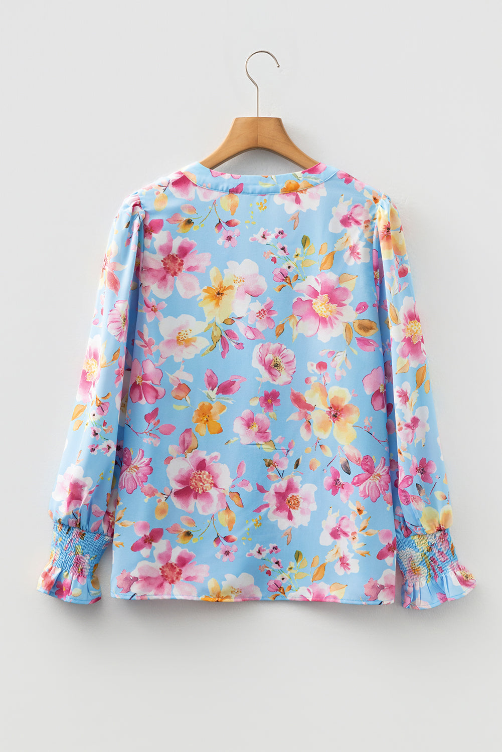 Sky Blue Floral Smocked Cuff Flounce Sleeve V-Neck Blouse eAura