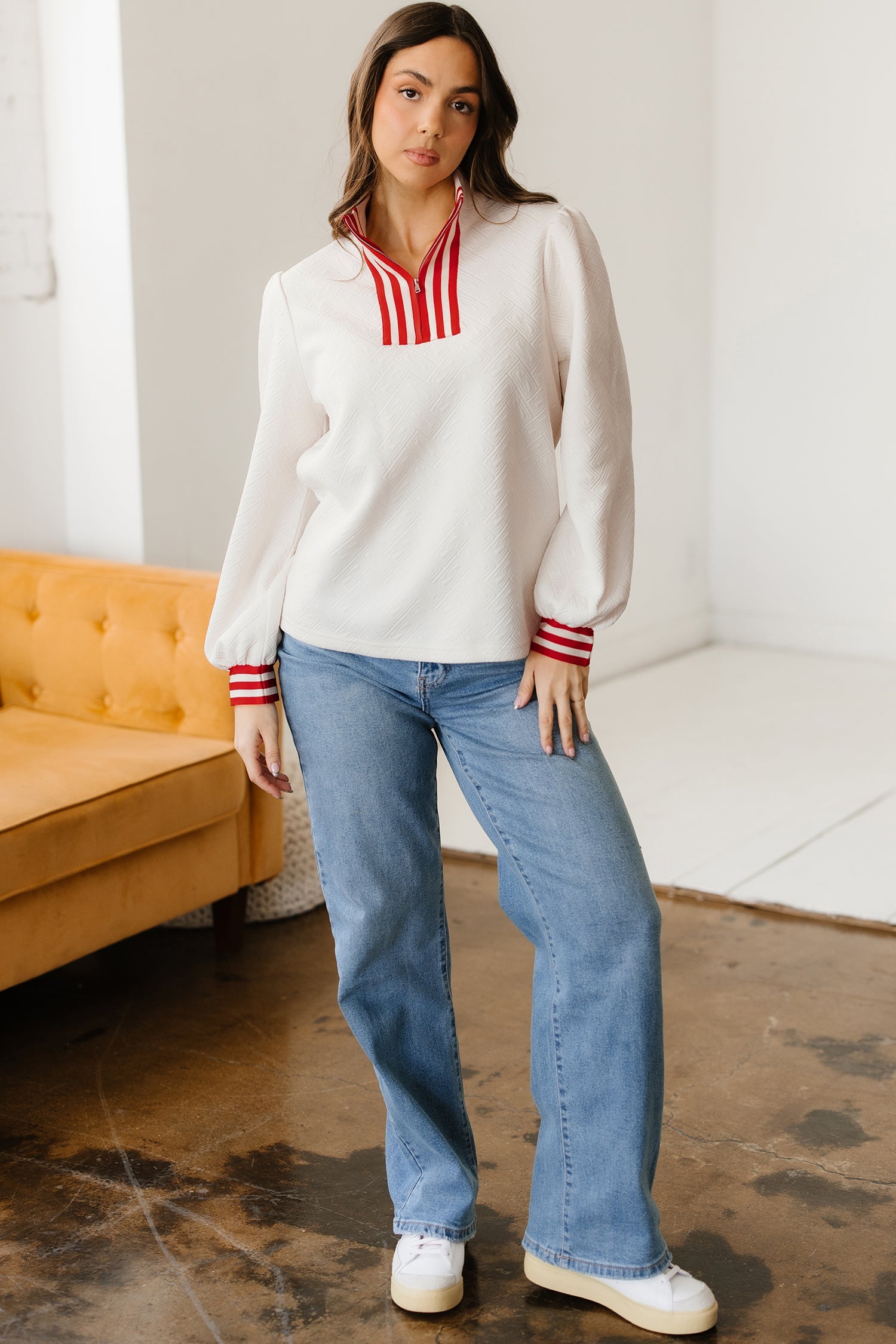 Textured Contrast Striped Accent Zip Collar Pullover Top - Tops/Long Sleeve Tops