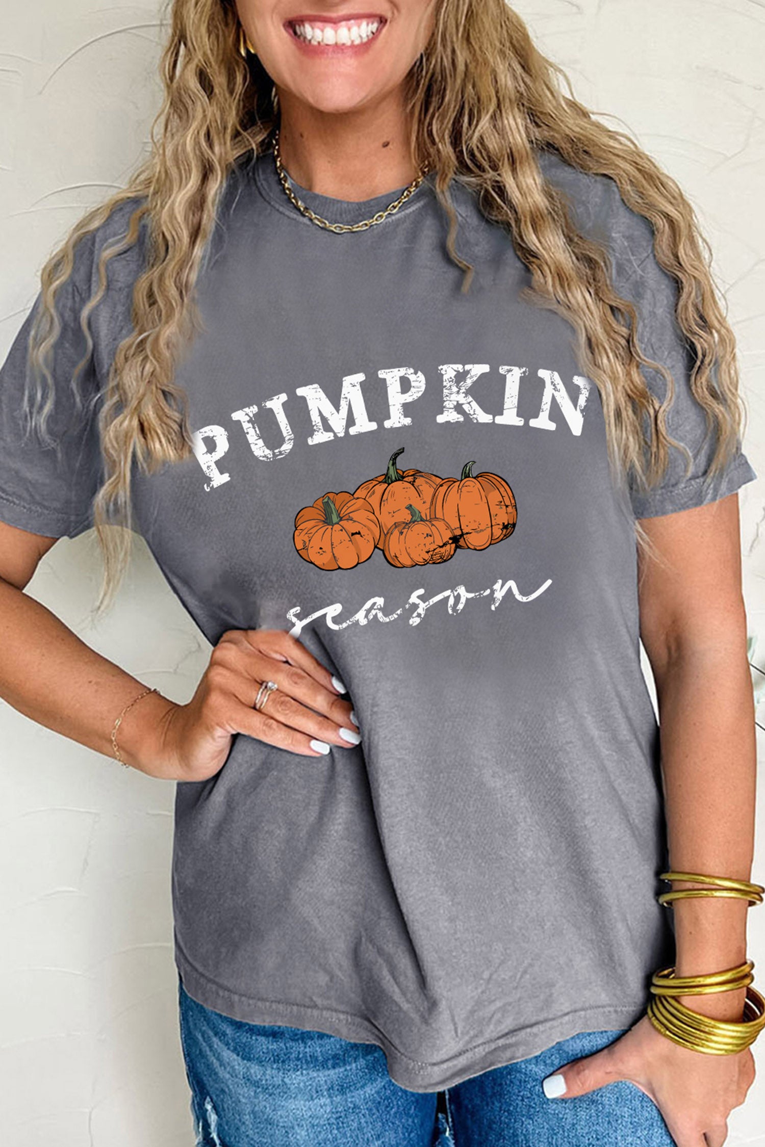 Pumpkin Season Graphic Round Neck Short Sleeve T-Shirt – Gray