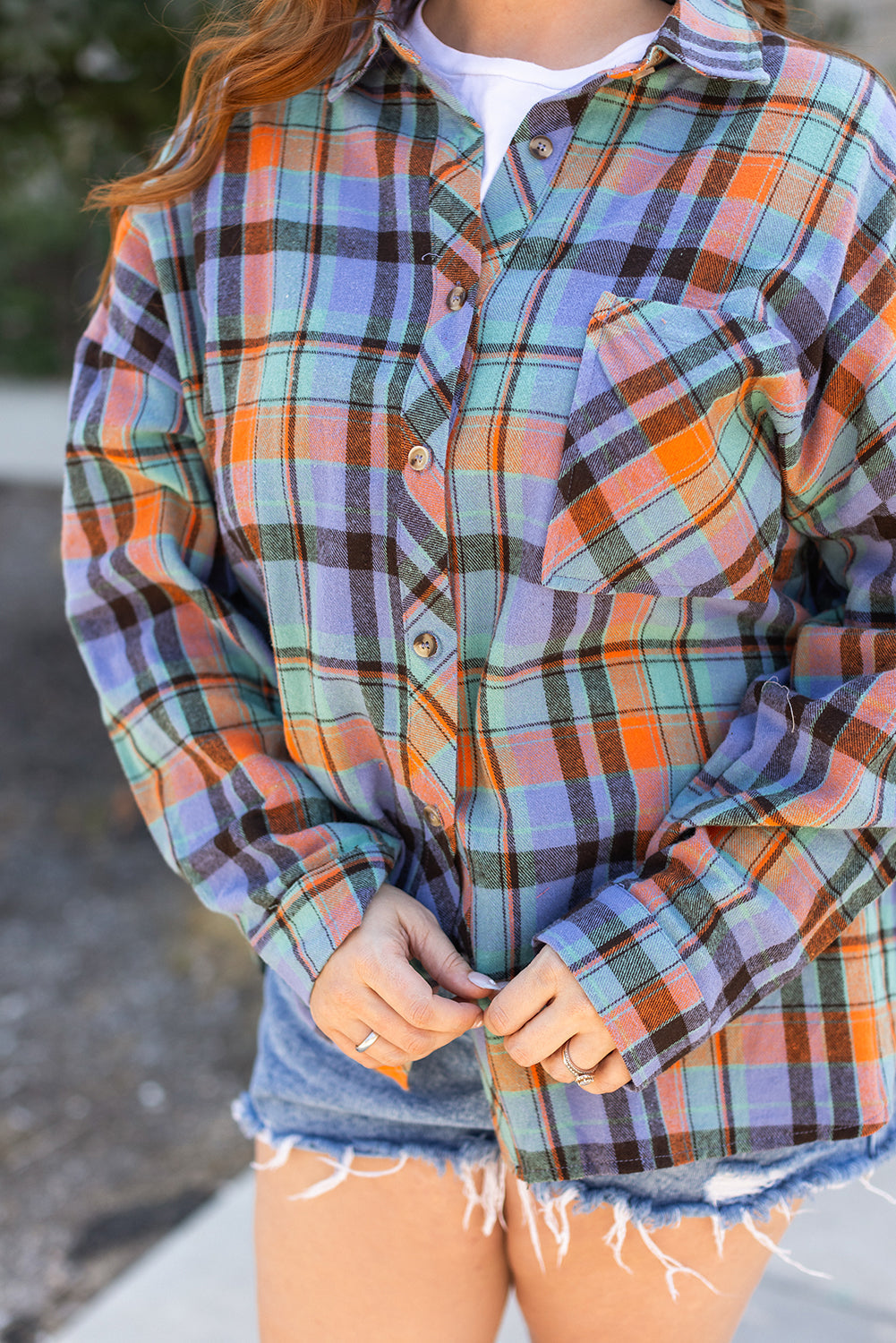 Orange Plus Size Plaid Print Buttoned Shirt Beagle Boutique Fashion Outlet