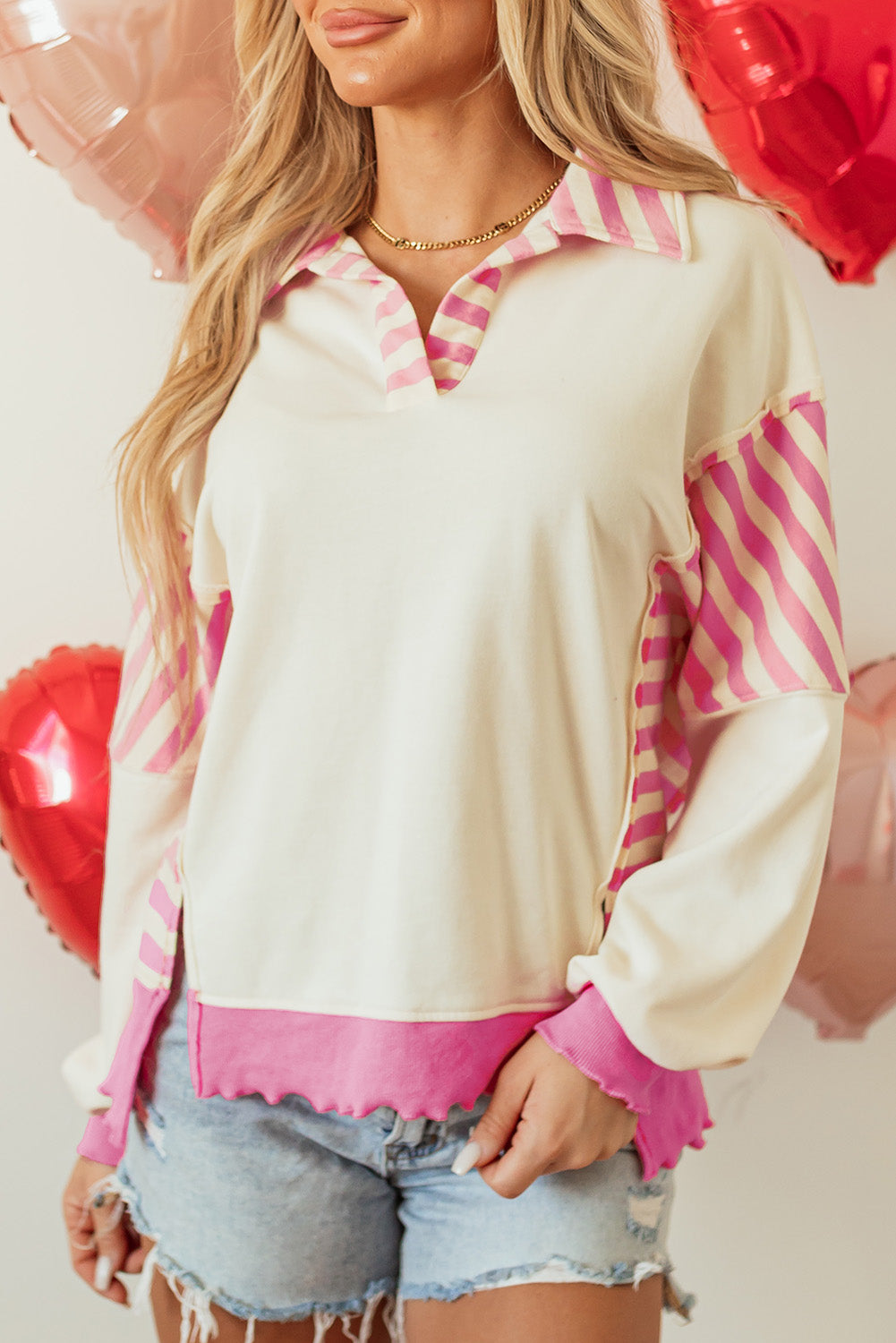 Pink Stripe Colorblock Patchwork Collared French Terry Knit Top BB Fashion Outlet