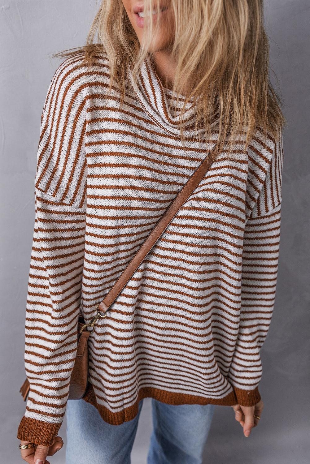 Brown Striped Turtleneck Loose Sweater eAura