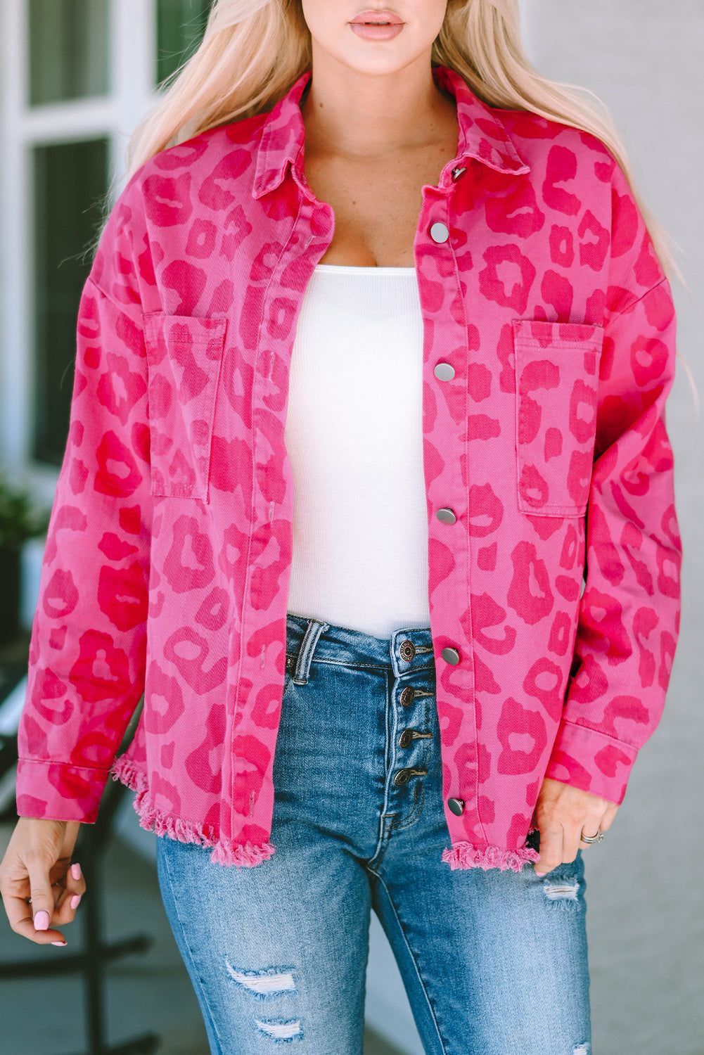 Pink Leopard Print Button Cuffs Raw Hem Jacket eAura