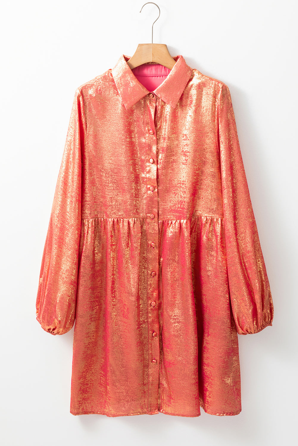 Peach Blossom Metallic Sheen Puff Sleeve Button Up Mini Shirt Dress eAura