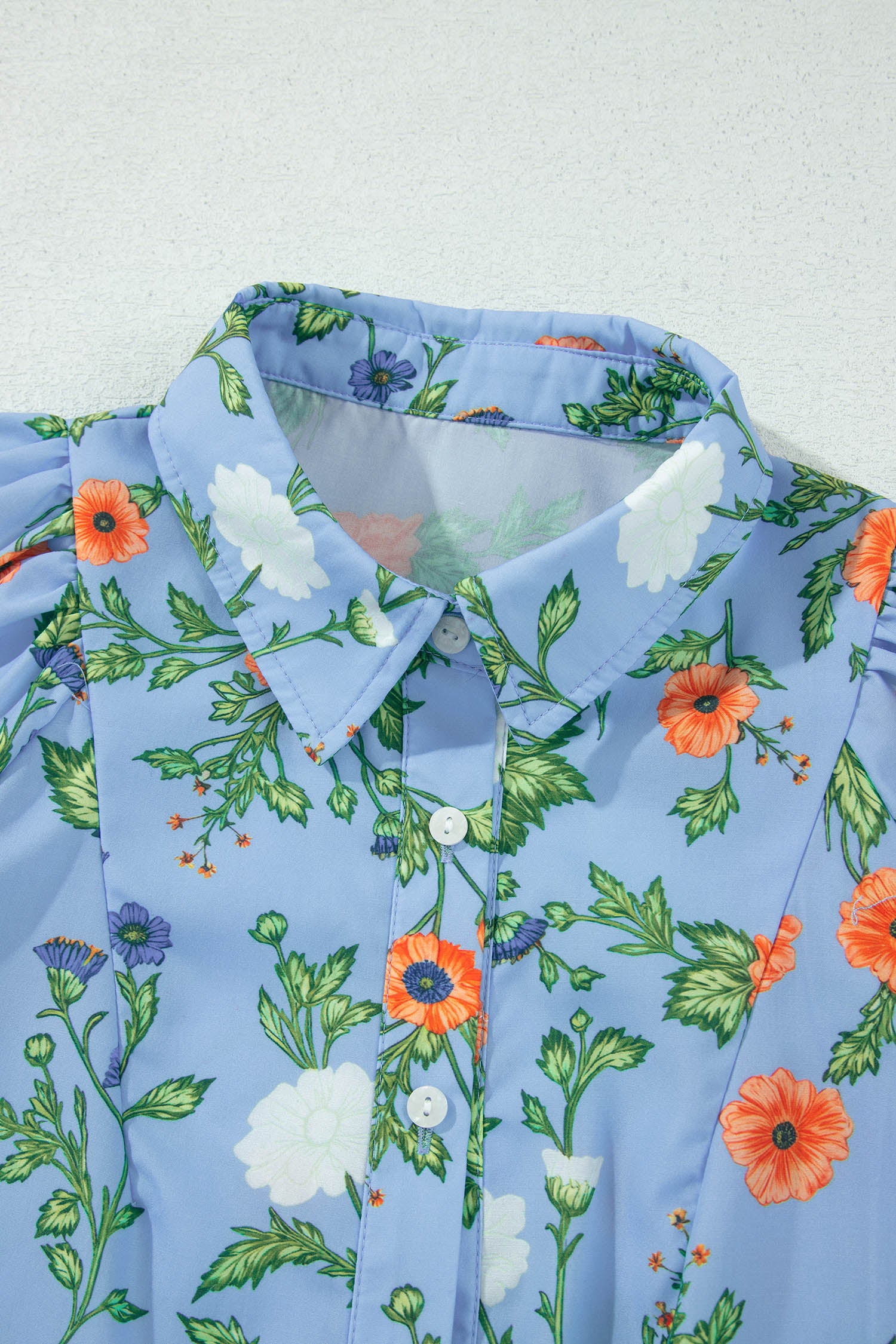 Sky Blue Floral Print Bracelet Sleeve Button Down Casual Shirt – Light Blue
