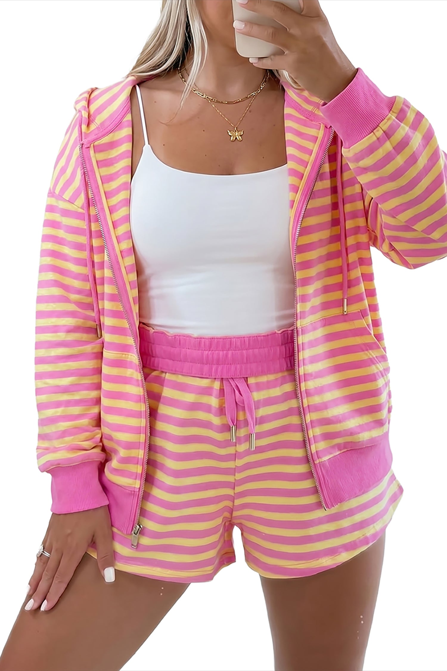 Striped Long Sleeve Zip-Up Hoodie Drawstring Elastic Waist 2pcs Short Set – Rose Red