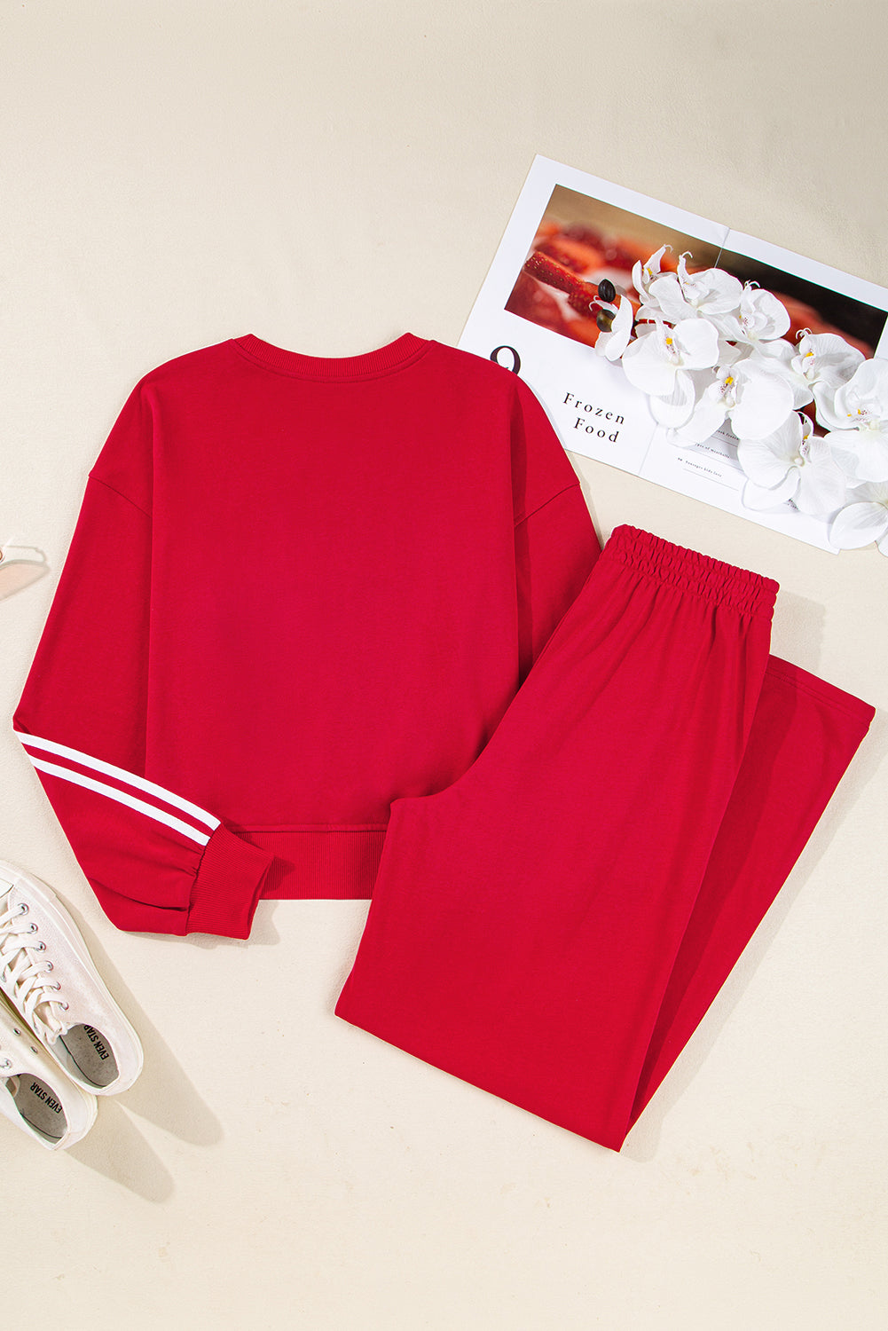 Varsity Striped Detail Crewneck Pullover Elastic Sweatpants 2pcs Co-ord eAura