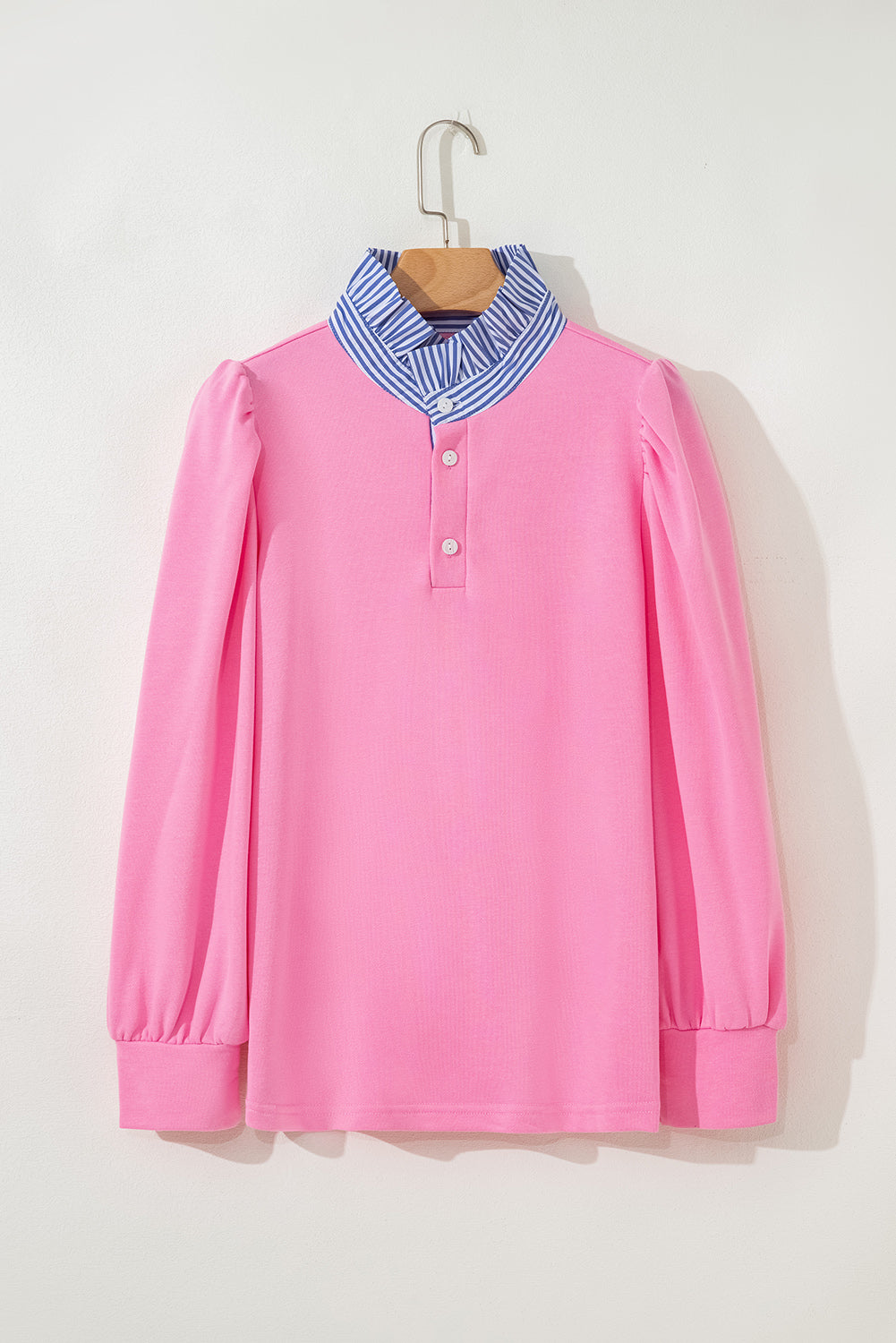 Button Striped Collar Patchwork Puff Sleeve Sweatshirt - eAura