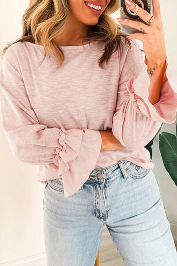 Gossamer Pink Long Sleeve Ruffle Cuff Casual Elegant Top – Light Pink
