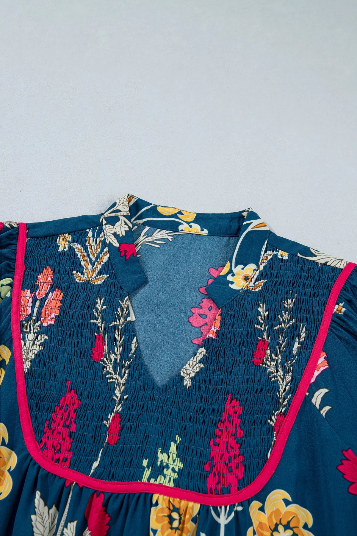 Floral Print Gathered Neckline 7/8 Sleeve Casual Midi Dress