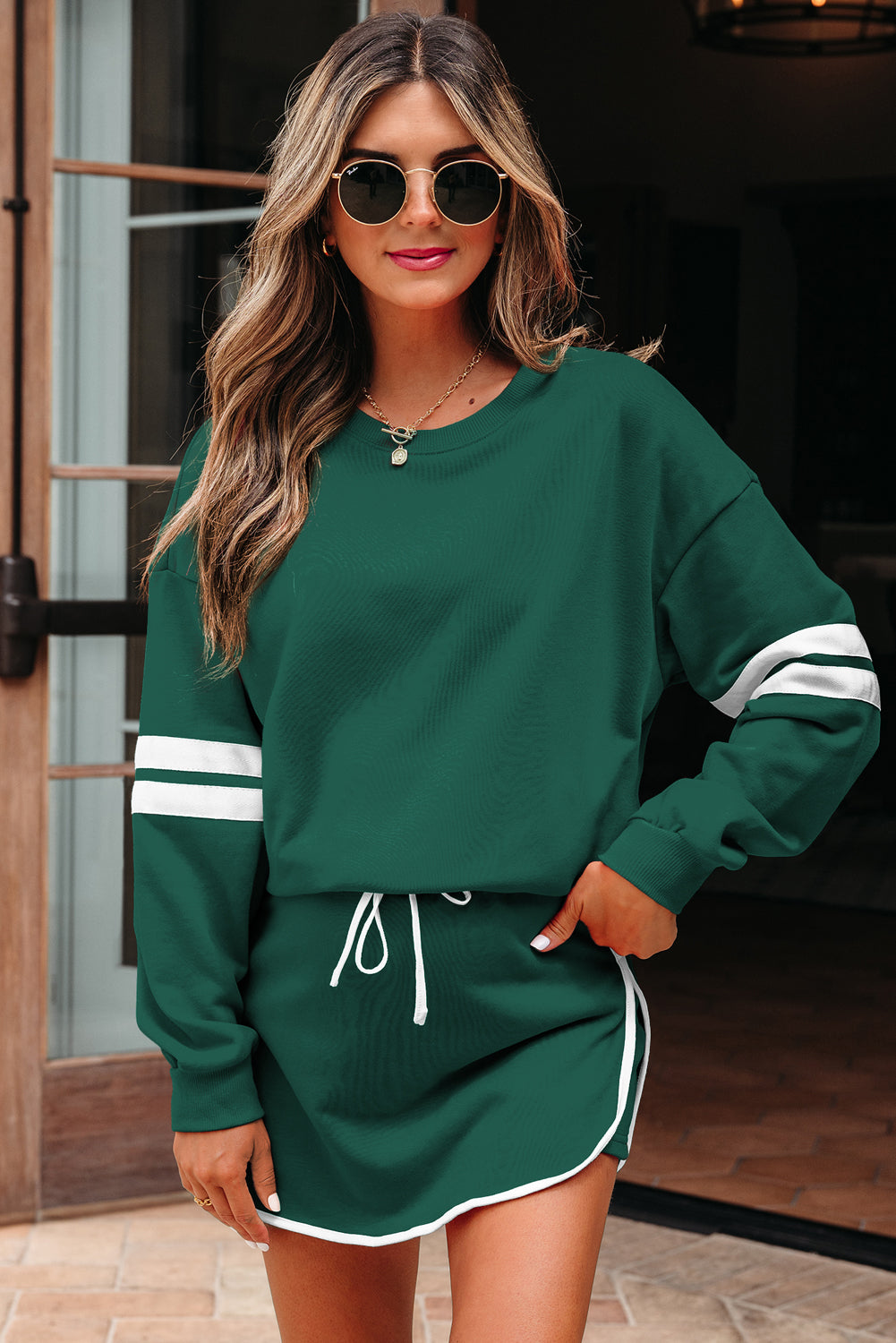 Varsity Stripe Detail Drop Shoulder Pullover Mini Skort Co-ord Set - eAura