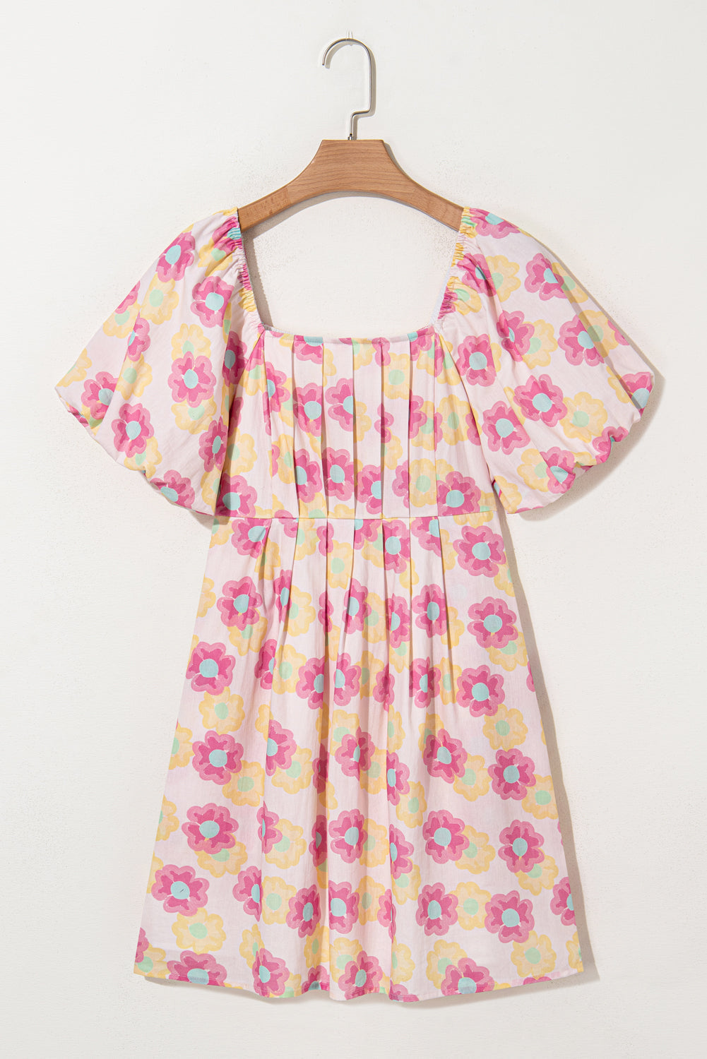Rose Vibrant Floral Square Neck Puff Sleeve Pleated Flared Midi Dress eAura