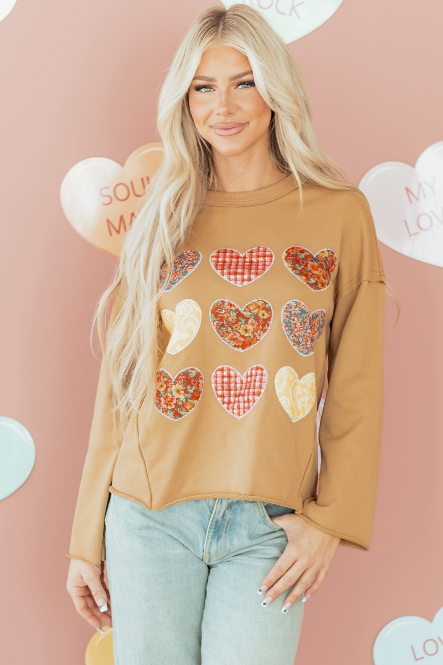 Floral Heart Stitched Exposed Seam Mineral Wash Sweatshirt - eAura