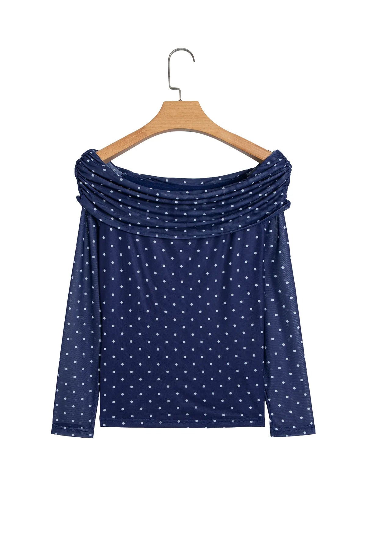 Off Shoulder Polka Dot Mesh Long Sleeve Sheath Top – Blue
