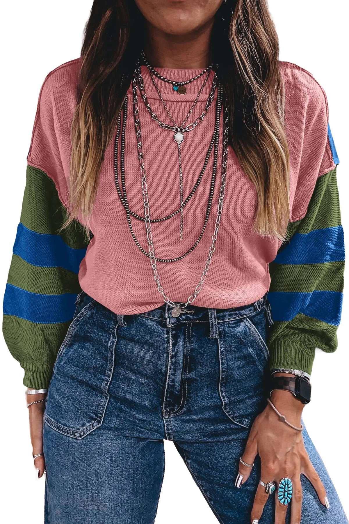 Western Colourblock Patchwork Striped Long Sleeve Pullover Sweater – Multicolour