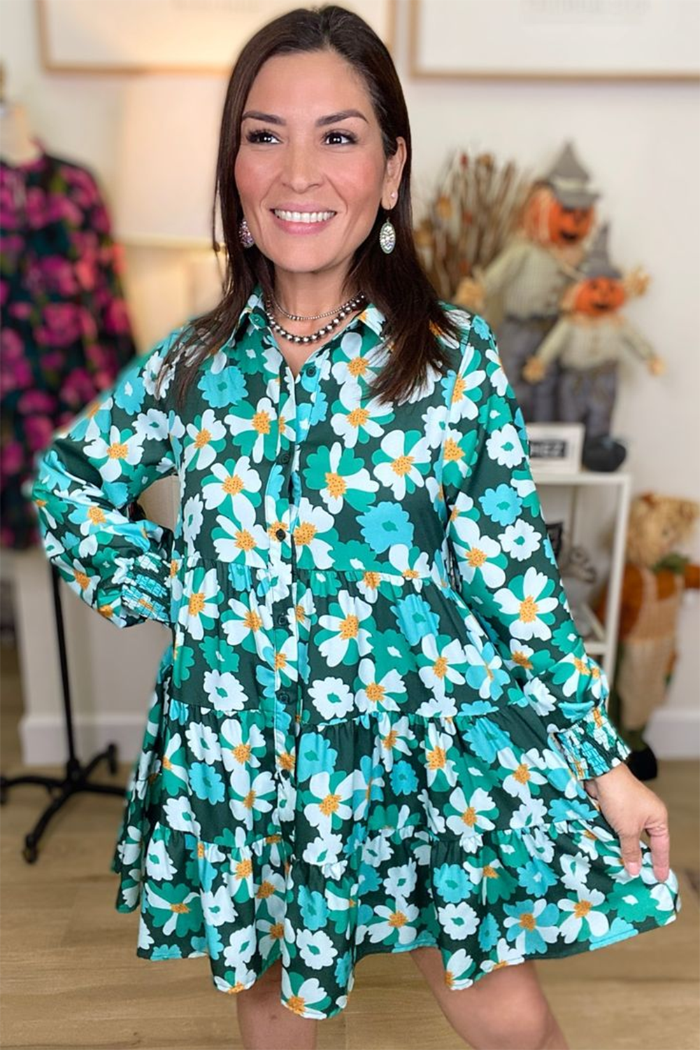 Green Floral Tiered Long Puff Sleeve Shirt Dress eAura