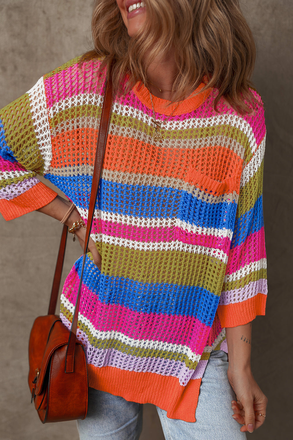 Pink Stripe Colourblock Hollowed Crochet 3/4 Sleeve Sweater eAura