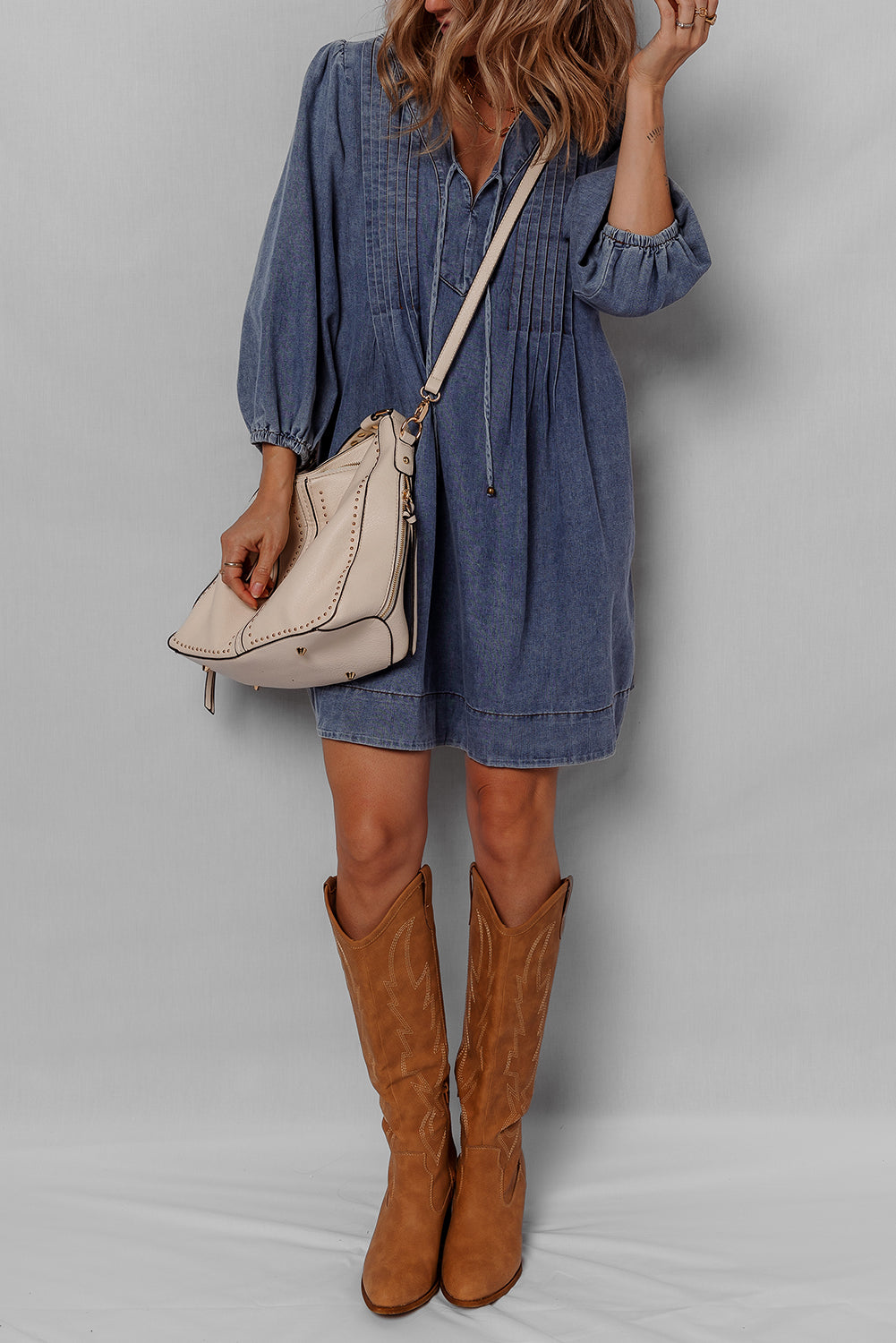 3/4 Sleeve Tied V-Neck Pleated Denim Mini Dress - eAura
