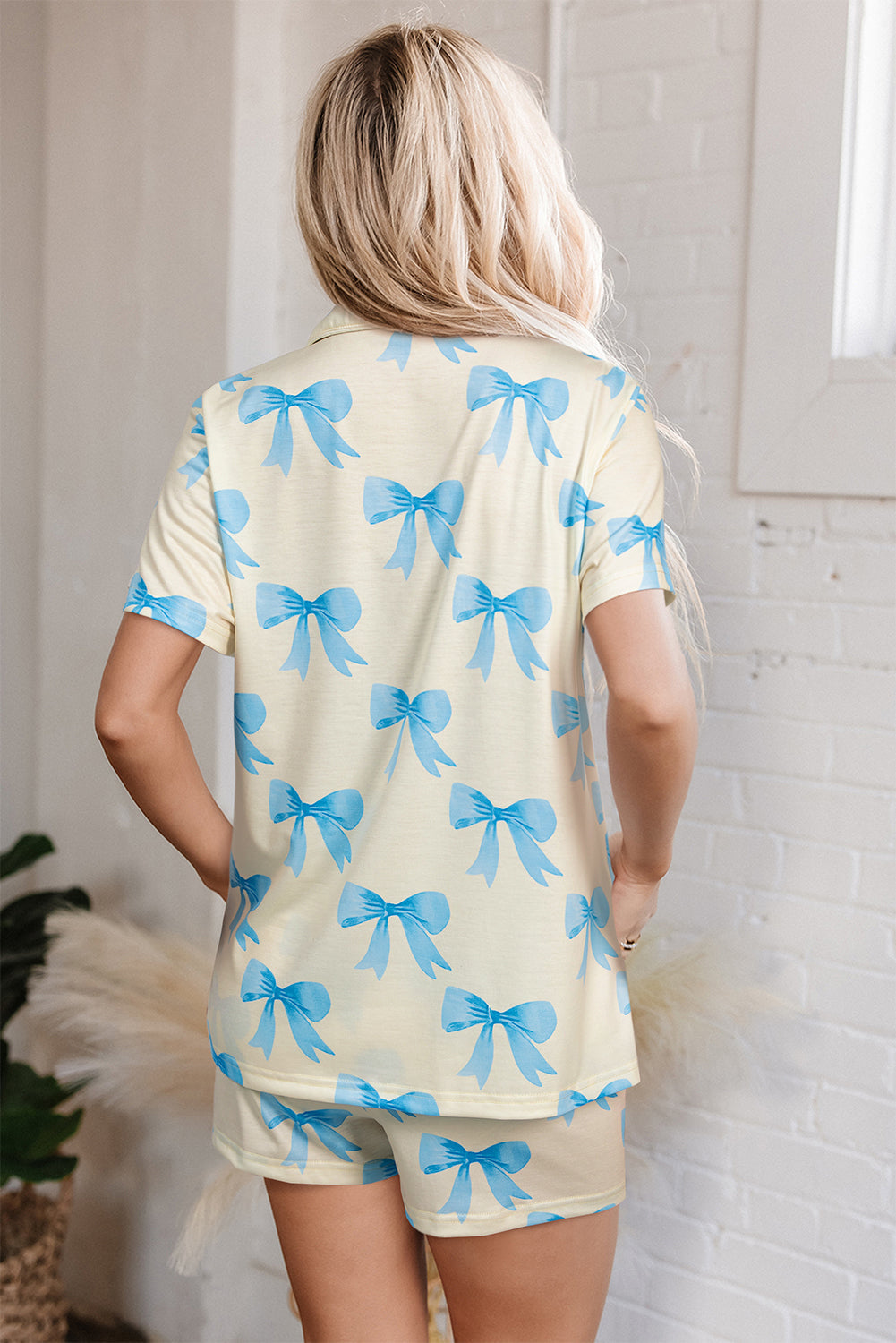 Yellow Bow Printed Short Sleeve Shirt Shorts Pyjama Set eAura