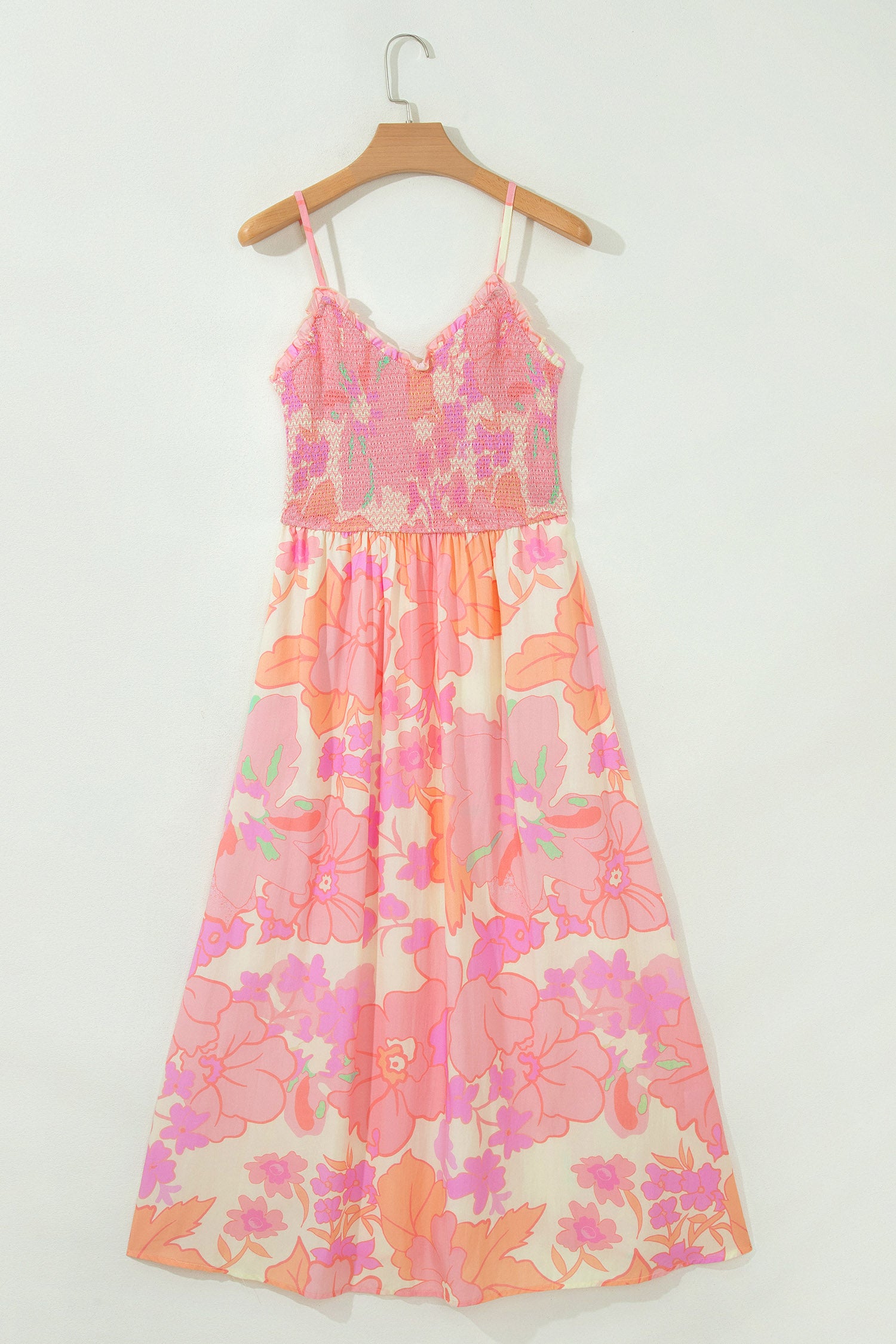 Spaghetti Straps Floral Shirred High Waist Dress – Pink