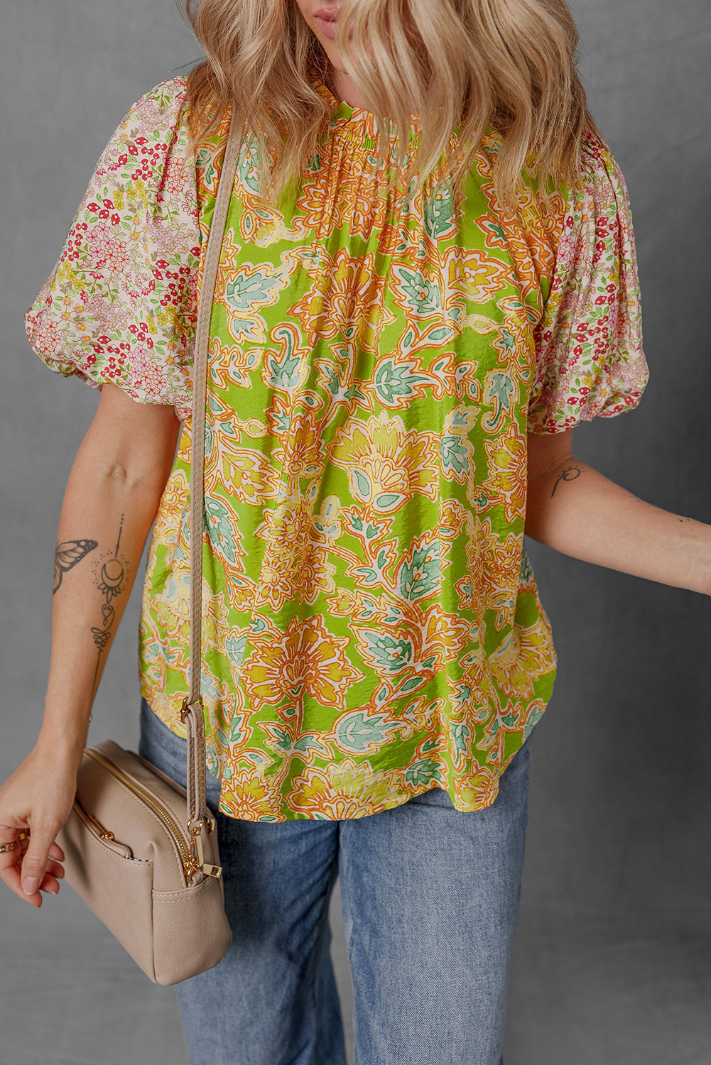 Paisley Print Contrast Bubble Sleeve Patchwork Blouse eAura