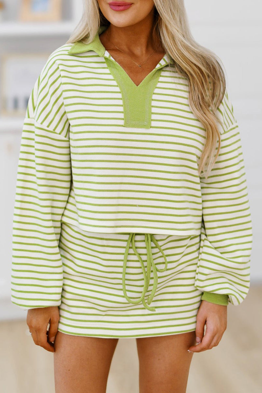 Stripe Collared V-Neck Drop Shoulder Pullover and Skort 2pcs Co-ord Dear-Lover Dropshipping