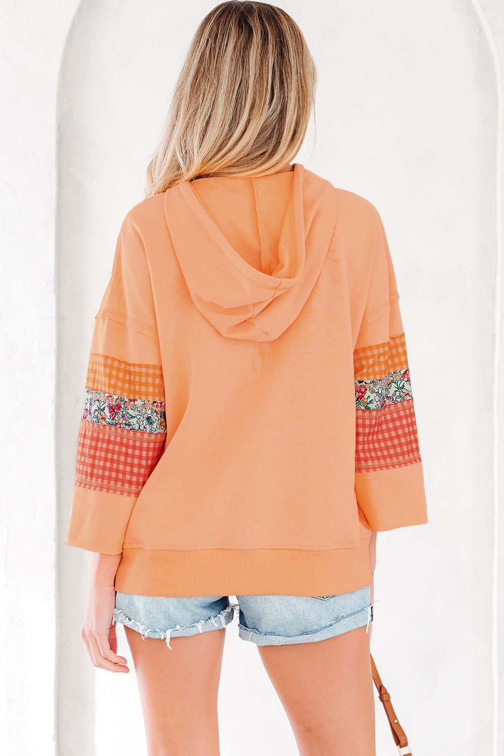 Plaid Floral Patchwork Kangaroo Pocket Hooded Long Sleeve Top - Tops/Long Tops