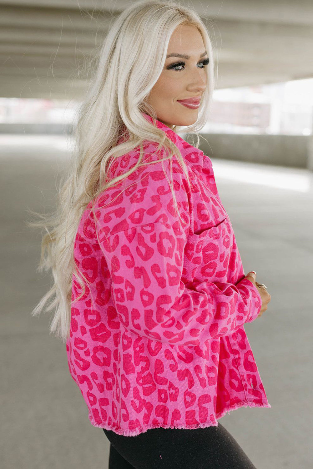 Pink Leopard Print Button Cuffs Raw Hem Jacket eAura