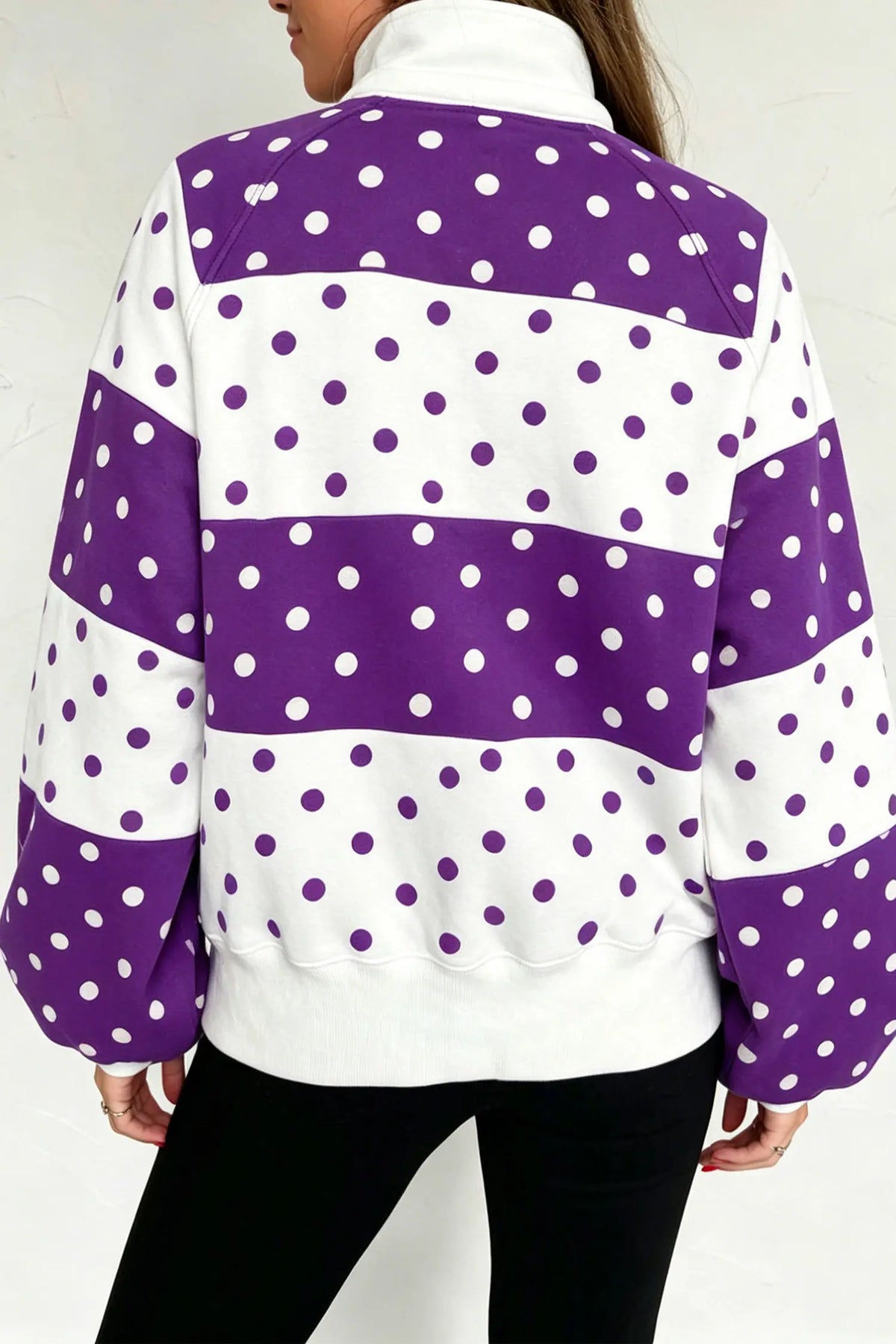 Blue Polka Dot Colorblock Half Zip Puff Sleeve Pullover Sweatshirt
