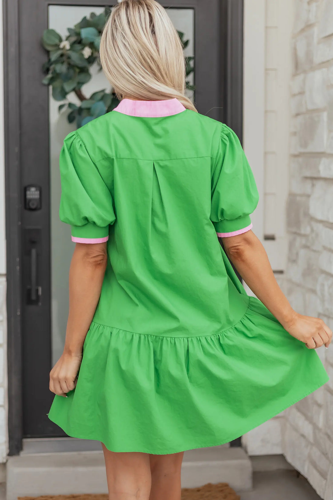 Colour Block Split Neck Puff Sleeve Ruffle Hem Mini Dress