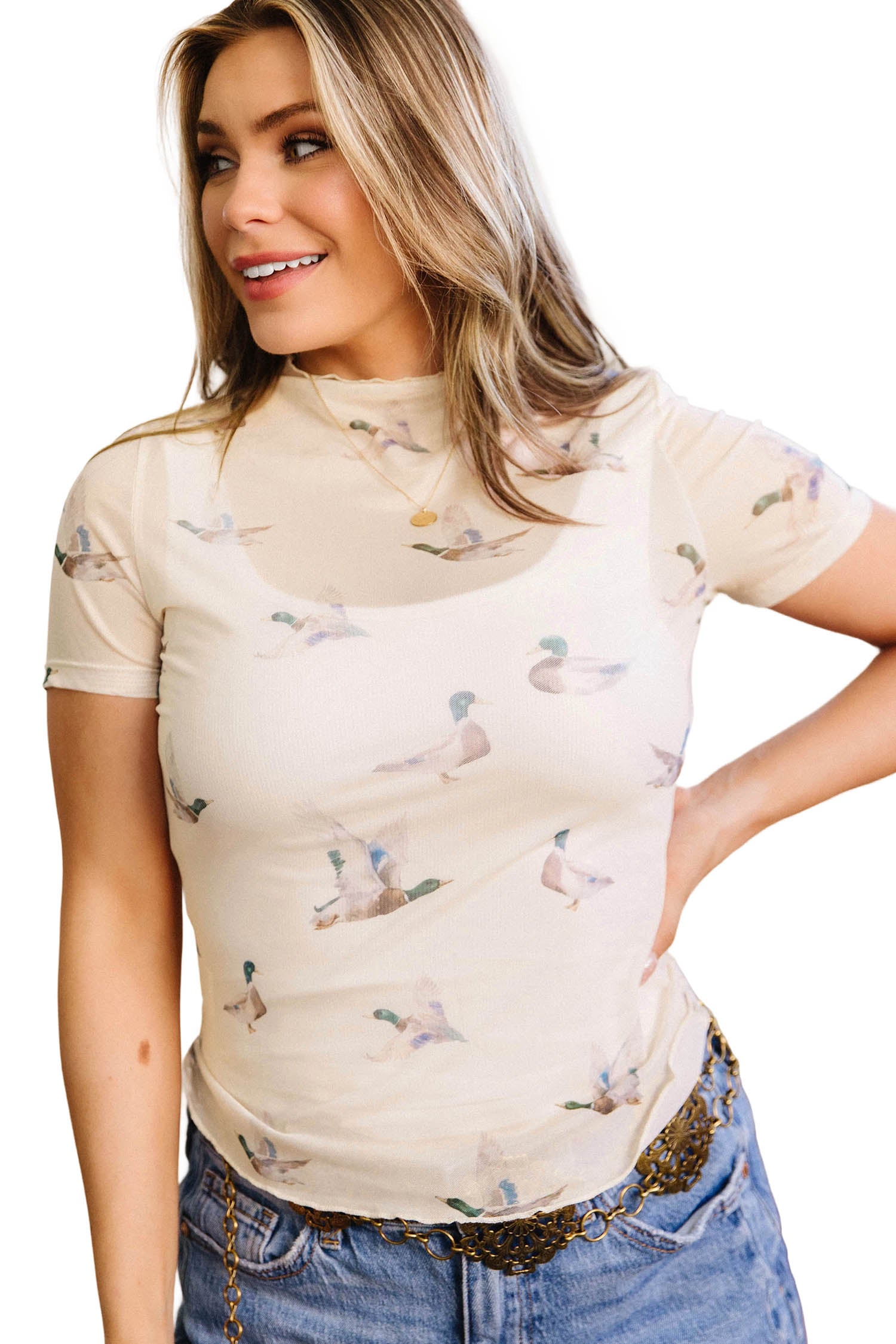 Beige Mallard Print Sheer Mesh Short Sleeve Top