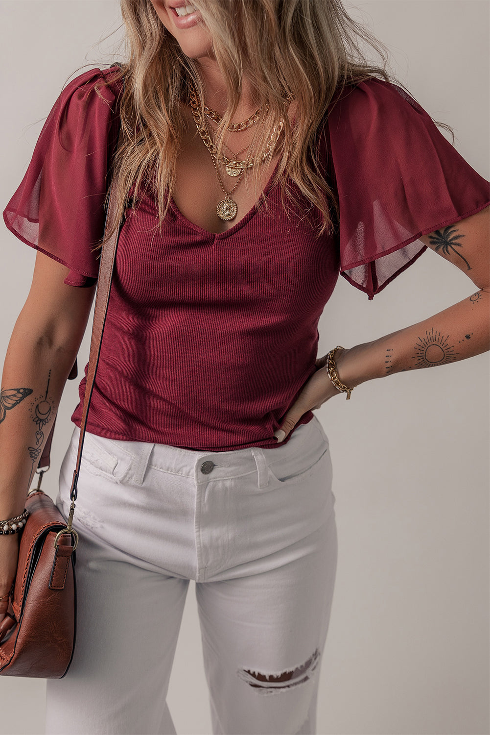Red Dahlia Mesh Ruffled Sleeve Slim Fit V Neck Top eAura