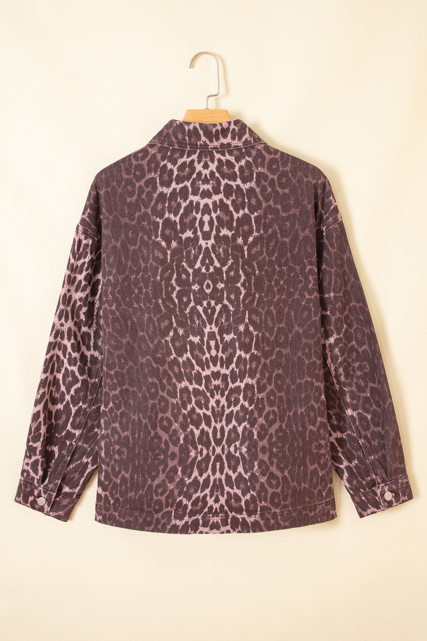 Khaki Oversized Leopard Print Long Sleeve Patch Pocket Denim Jacket
