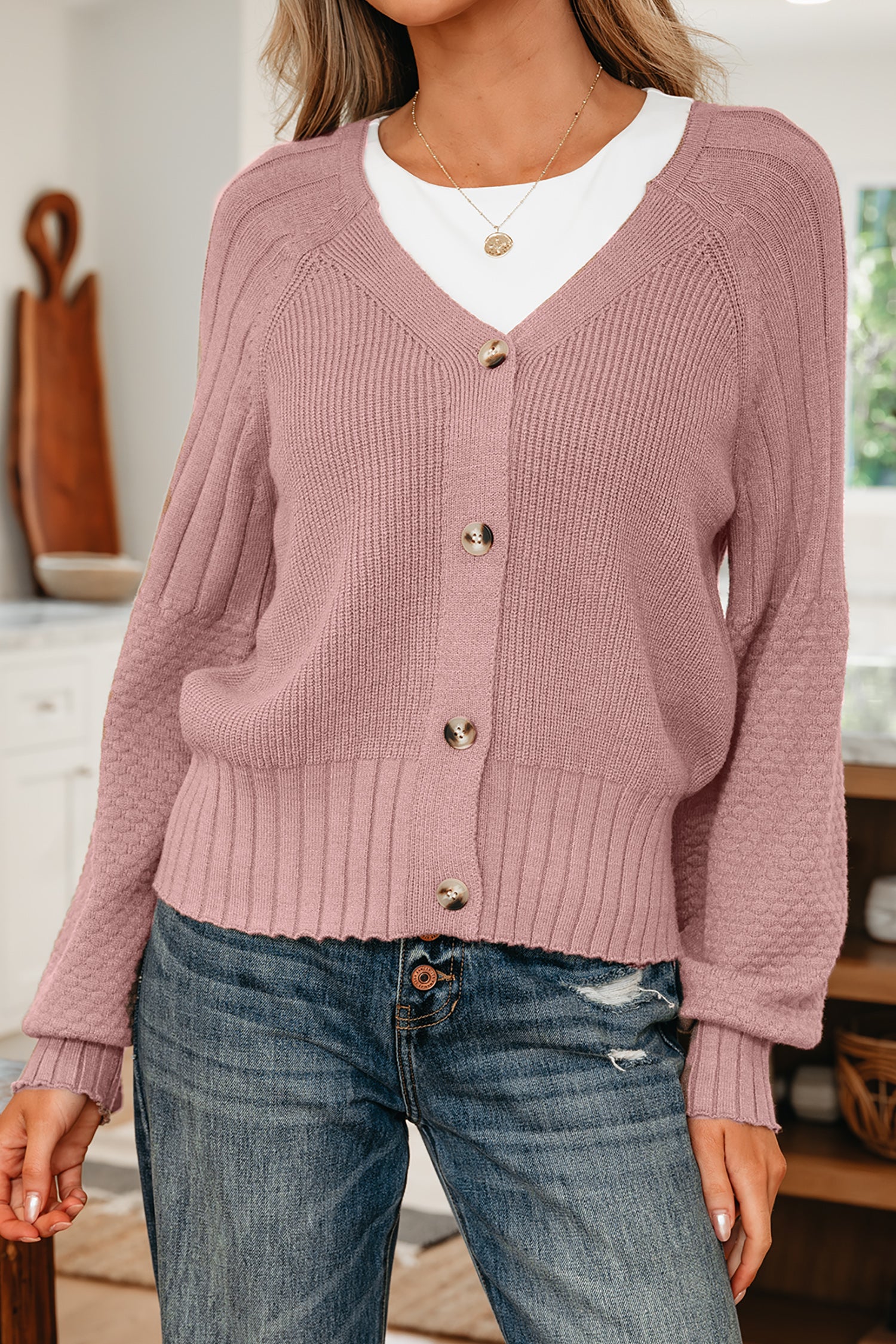 Mixed Texture Cardigan With Buttons - V-Neck