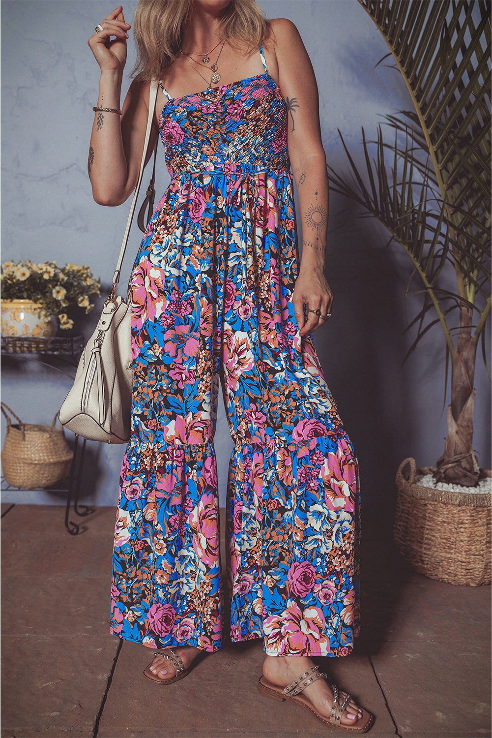 Pink Floral Smocked Bust Spaghetti Straps Wide Leg Jumpsuit eAura