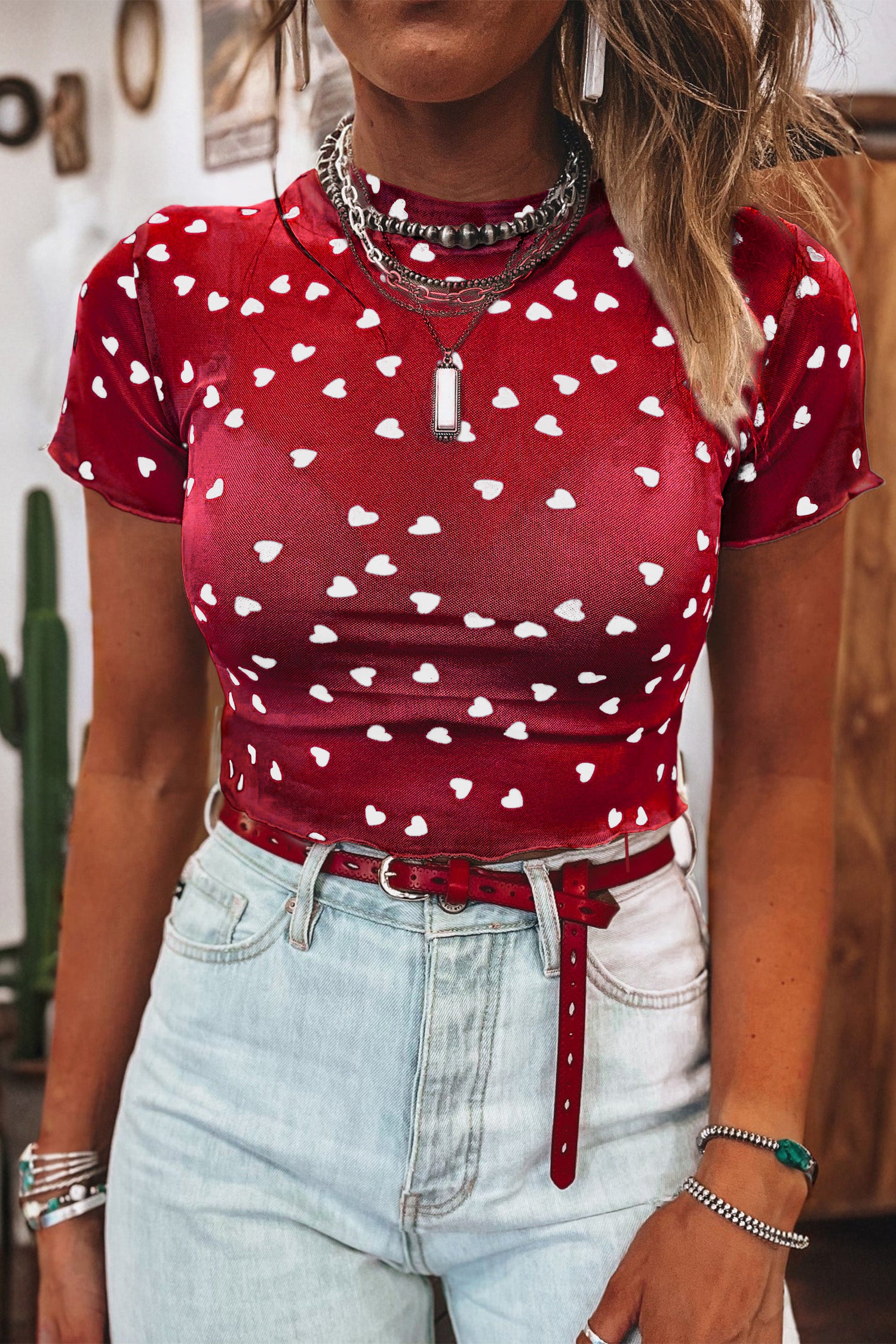 Heart Print Mesh Short Sleeve Cropped Top - Red / L - Tops/Tops & Tees