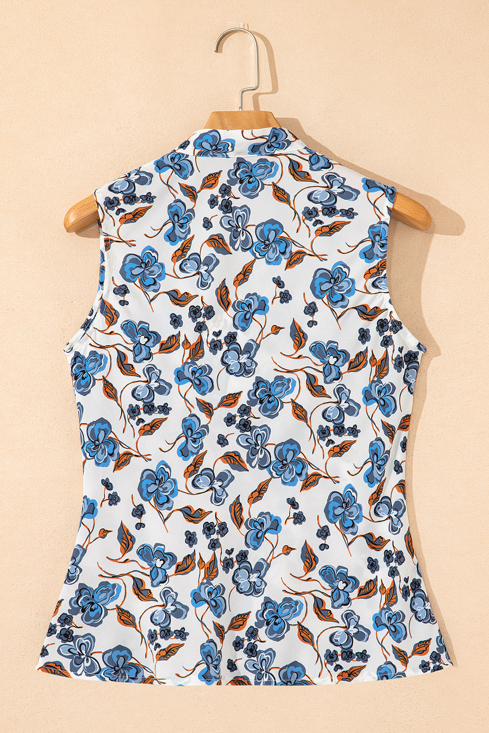 Sky Blue Floral Print Knotted V Neck Elegant Tank Top eAura