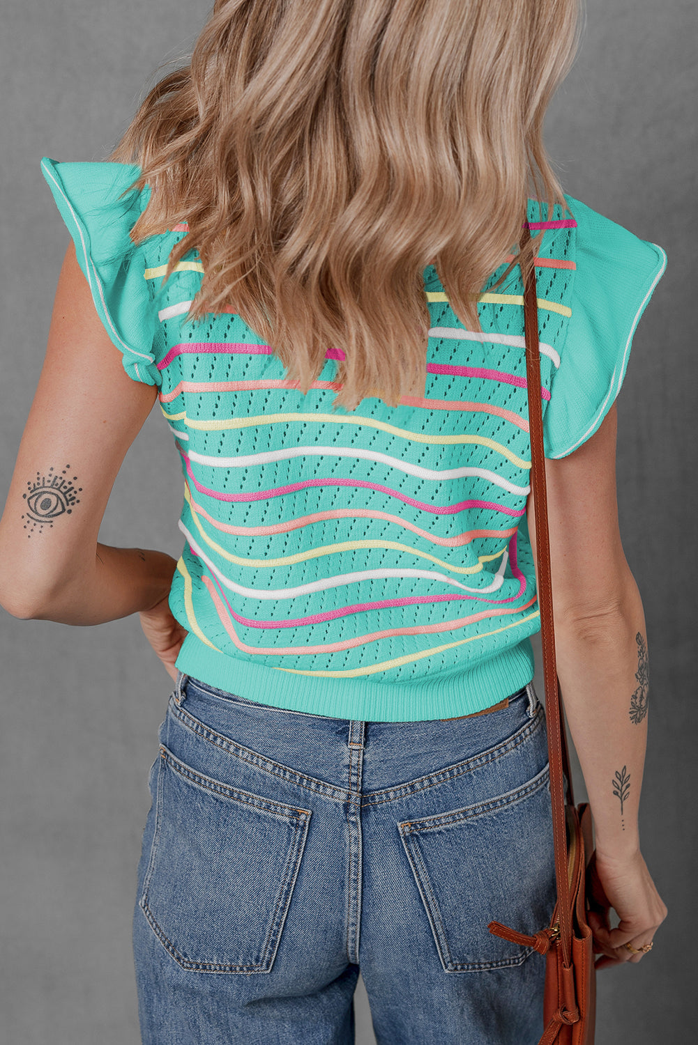 Green Colourful Striped Eyelet Knit Ruffled Sleeve Sweater T Shirt eAura